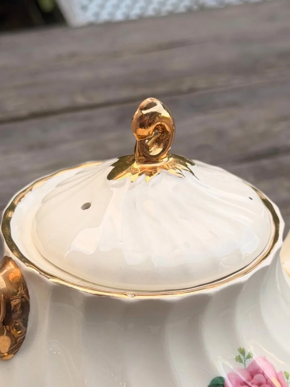 Vintage James Sadler Teapot Cabbage Rose Floral England Gold Trim Garden